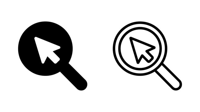 Computer mouse cursor inside a magnifying glass icon set with magnifying