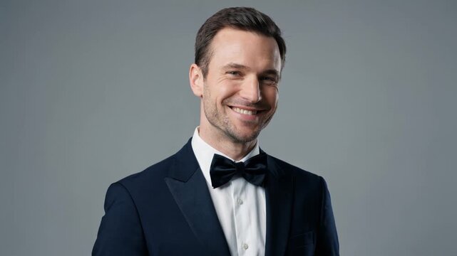Smiling man in a tuxedo and bow tie on a gray background, studio portrait. Elegant gentleman in formal evening wear looking at the camera and laughing. Groom, black tie event and gala