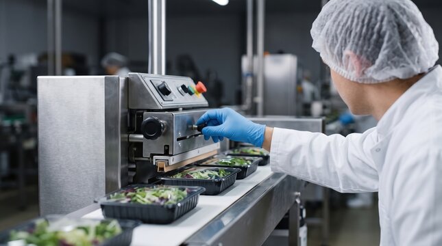 In a food processing facility, a worker uses a machine to seal salad packages. The worker wears a hairnet and gloves. The environment is busy with other workers present