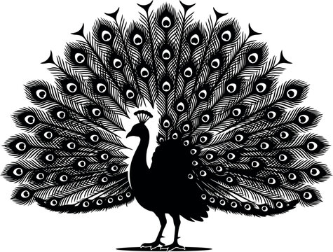Peacock silhouette with tail feathers spread ornamental bird design.