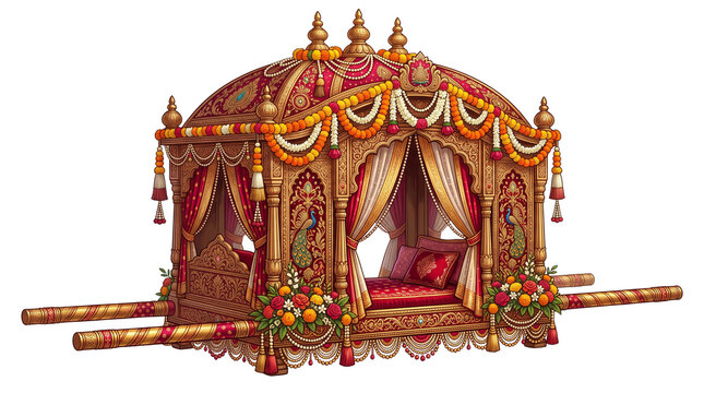 Ornate Indian wedding doli with gold carvings, traditional royal palanquin with red velvet curtains, decorative bridal carriage for Hindu marriage ceremony isolated PNG with Transparent