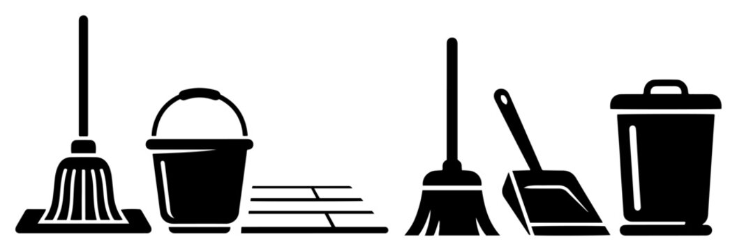 Cleaning equipment including mop bucket broom and trash can flat vector style