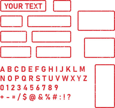 Collection of rubber stamp frames and alphabet letters, numbers, and symbols with a distressed grunge texture on a plain white background