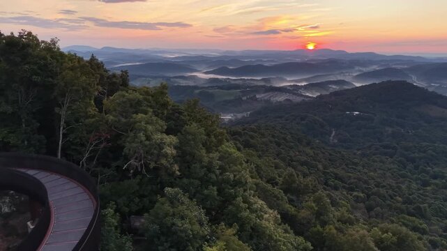aerial pullout over howard knob skybridge near boone nc, north carolina