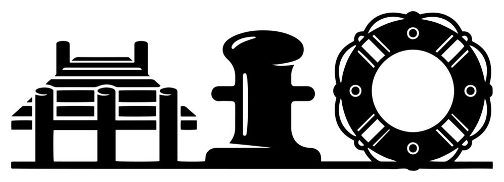 Maritime harbor set with wooden pier mooring bollard and lifebuoy in minimalist flat vector style