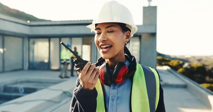 Woman, radio and communication on construction site with smile, quality assurance and project. Contractor, female person and conversation with tech for engineer, planning and safety compliance