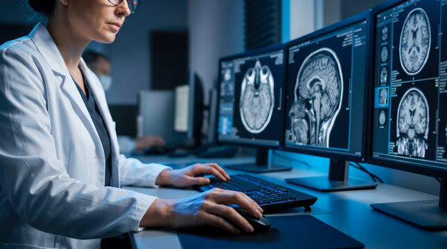 A medical professional reviews brain scans on multiple computer screens in a modern office. The setting is well-lit with focused attention on the work
