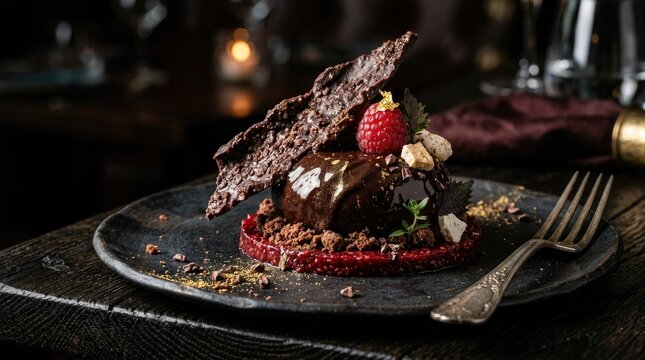 A delectable chocolate dessert with a raspberry and chocolate wafer on a dark plate with a fork.