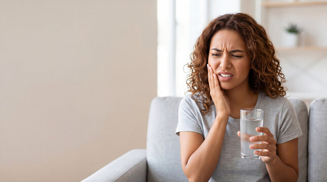 Young woman suffering from sensitive teeth while holding glass of water on sofa at home