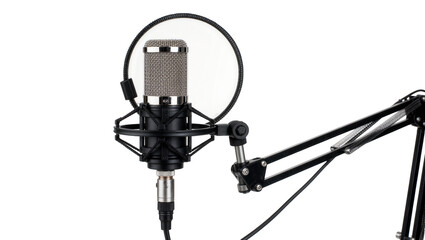 Studio condenser microphone with pop filter and adjustable boom arm, isolated on transparent background © iPNGi