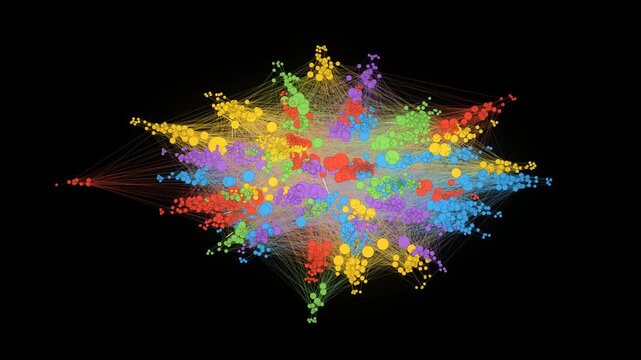 Rotating 3d dynamic data clusters and interconnected nodes create a vibrant visual representation of complex digital communication, machine learning and networking