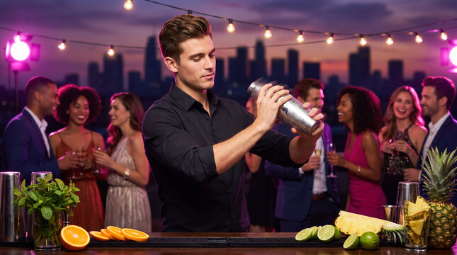 Handsome professional bartender shaking a fresh cocktail at an exclusive rooftop night party while a diverse elegant crowd mingles in front of the illuminated city skyline.