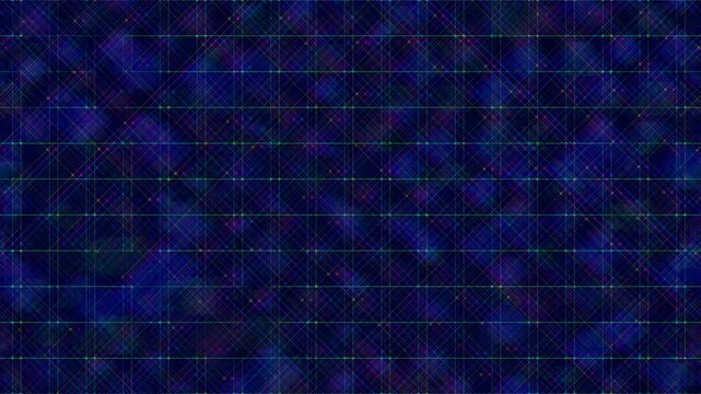 Abstract geometric lattice structure with glowing intersection points, complex grid pattern showing diagonal lines and network nodes, geometric pathways in continuous motion