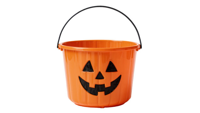 Orange plastic jack-o-lantern bucket with black handle, isolated on transparent background