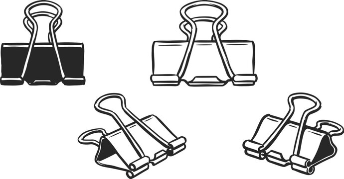 Hand Drawn Binder Clip Collection with Metal Paper Clamps for Office and Stationery Use.
