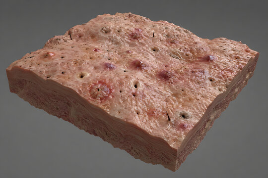 3D rendered skin tissue block showing acne-prone surface terrain with blackheads and inflamed papules