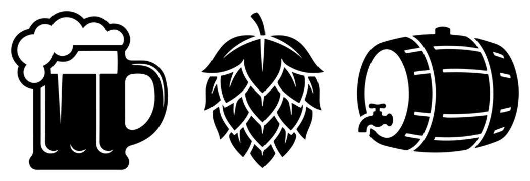 Beer brewing icons set including frothy mug hop cone and wooden barrel in flat vector style