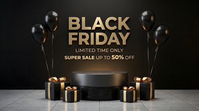 Black friday super sale background with a podium, gift boxes, and black balloons, featuring golden text on a dark backdrop