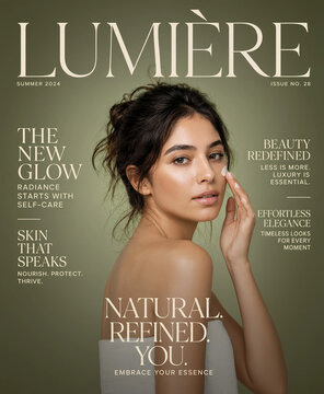 Beauty magazine cover layout mockup template with elegant woman portrait