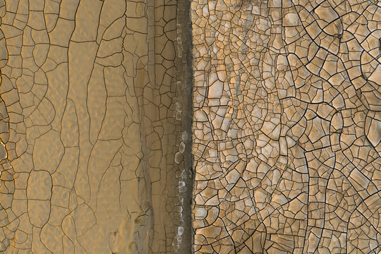 Aerial view of the cracked, dry earth patterns of Gora Bokty in the Karakiya District, Mangystau Region, Kazakhstan.