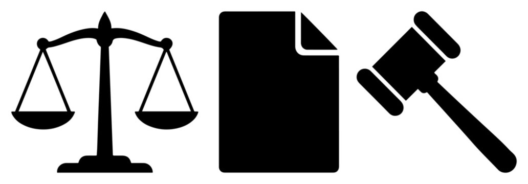 Scales of justice with legal document and judge gavel in minimalist flat vector style