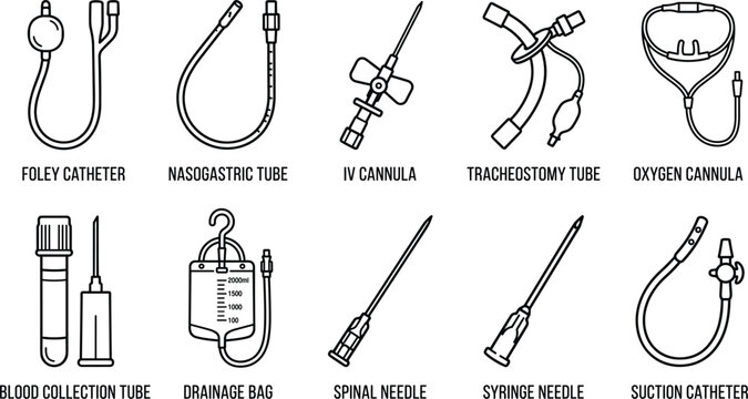 Clinical medical catheters and invasive intravenous tubing line icons featuring catheter tube cannula bag needle suction collection device