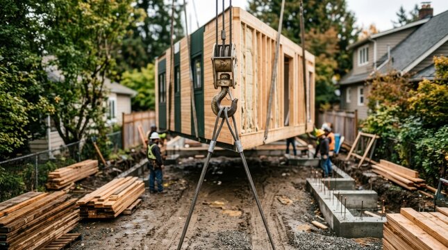 Crane lowering prefab home module onto narrow construction lot with stacked lumber and concrete footings