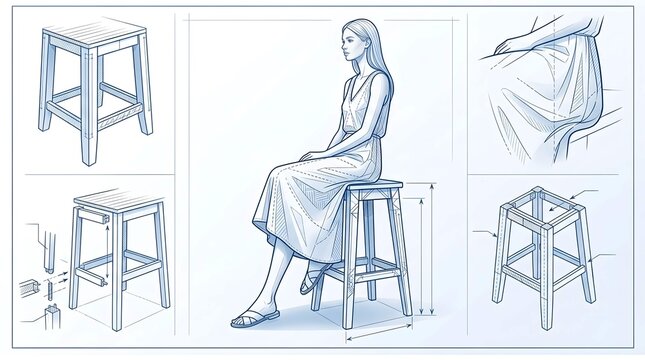 Woman sitting on a wooden stool tall gr vector technical drawing