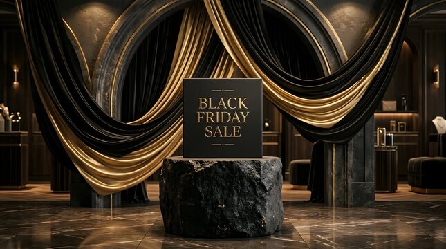 Black friday sale sign on a stone podium in a luxury store with elegant black and gold curtains in the background