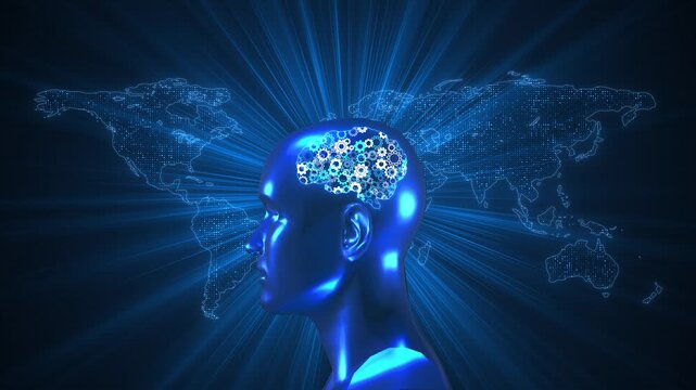 Futuristic human profile brain gears world map data lines. artificial intelligence, machine learning, global business, automation, digital transformation, innovation, research, 19 explainers.