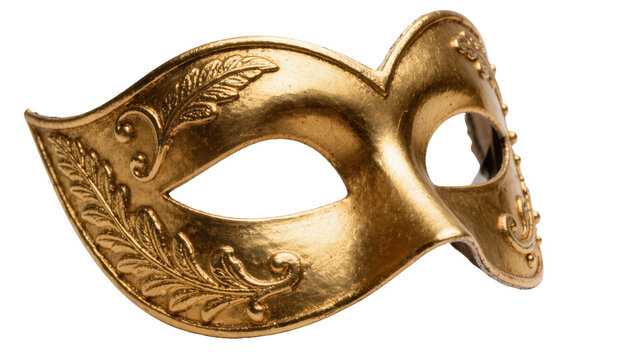 Ornate golden masquerade mask with leaf and scroll details, isolated on transparent background