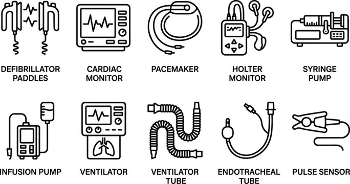 Critical care medical equipment and cardiac life support devices line icons featuring defibrillator monitor pacemaker pump ventilator tube sensor
