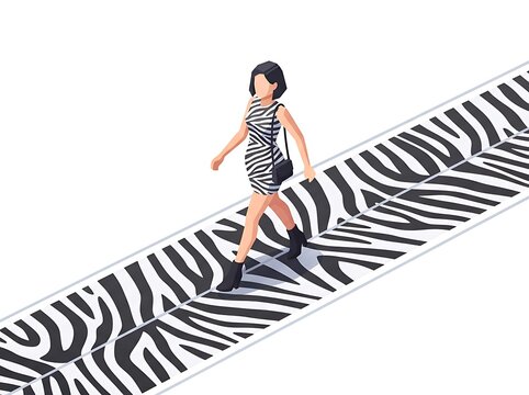 Fashionable woman walking on zebra print path