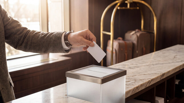 Hotel guest drops a room key card into a checkout return box near a luggage cart