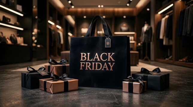 Black friday shopping bag and gift boxes in a luxury retail clothing store interior