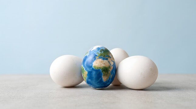 Concept of Earth globe surrounded by white eggs on a minimalist background