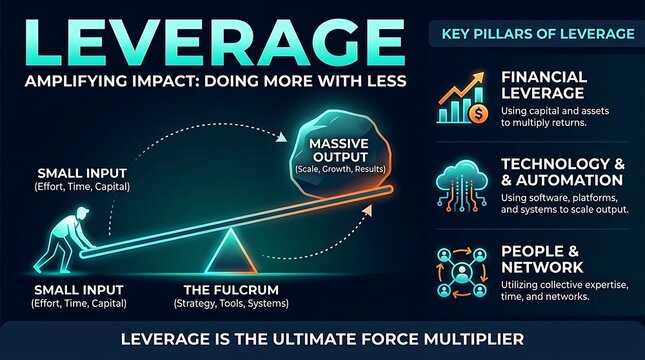 Business leverage infographic on dark background, key pillars of financial leverage and technology automation, force multiplier concept diagram