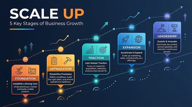 Business growth infographic showing scale up stages, corporate development roadmap with five key phases, strategic planning timeline on dark background