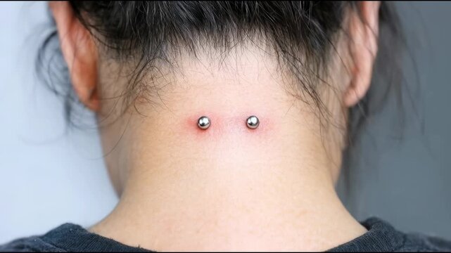 A woman with two piercings on her neck, a close-up view