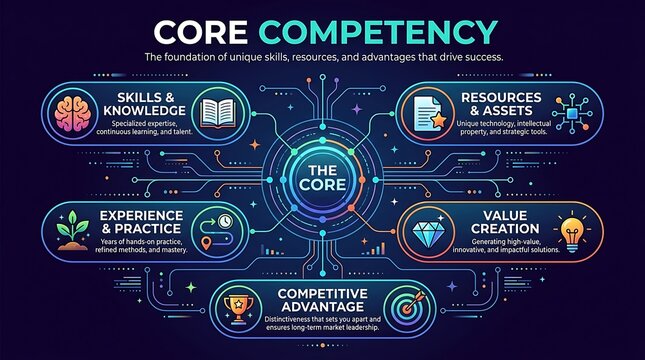 Core competency business infographic, strategic management framework, competitive advantage and value creation diagram with neon circuit lines
