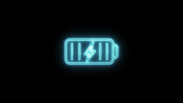 Glowing blue neon battery icon with a lightning bolt symbol, indicating charging status on a black background digital power indicator