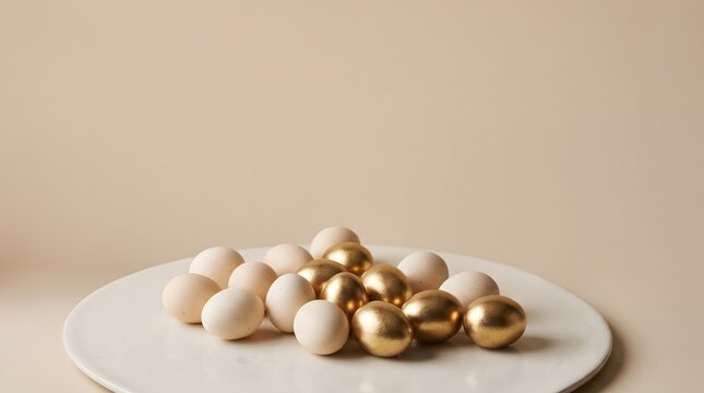 Collection of Natural and Golden Eggs Arranged Elegantly on a White Plate