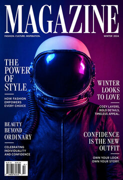 Sci-fi fashion magazine cover layout mockup template featuring astronaut helmet in neon light