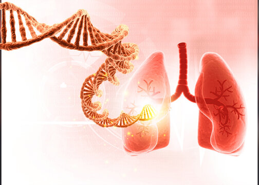 Human lungs anatomy integrated with a glowing DNA double helix strand on a scientific digital background.