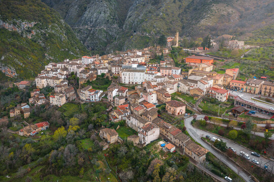 Aerial view of the historic village of Anversa degli Abruzzi with its stone houses, narrow streets, and surrounding mountain landscape in Anversa degli Abruzzi, Abruzzo, Italy.