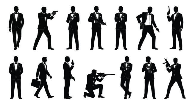 Elegant gentleman secret agents in formal tuxedos displayed as professional black silhouettes set for your creative graphic design project needs