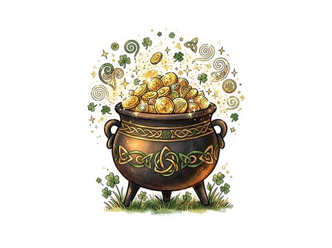 Pot of gold coins with clover and celtic designs