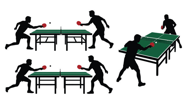 Ping pong vector illustration set featuring active silhouettes of people playing table tennis matches on green tables with red paddles