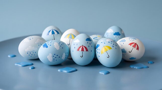 Hand Painted Easter Eggs Featuring Weather Motifs and Umbrellas on Blue Plate