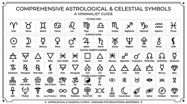 Comprehensive infographic chart displaying astrological and celestial symbols on a white background